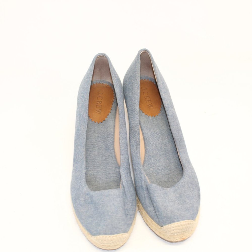 J Crew Factory Blue Canvas Slip On Espadrille High Heel Wedges Shoes #127 - Picture 4 of 10
